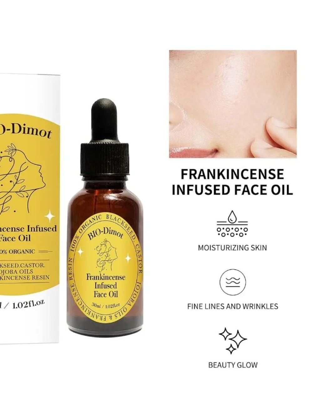 Frankincense Resin Oil, Organic Jojoba, Castor Oil Cold-Pressed Facial Serum